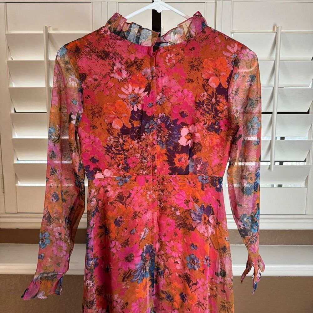 Vintage XS Sheer Sleeve Floral Maxi Dress Ruffle Pink Orange Feminine Fairycore - Picture 8 of 9